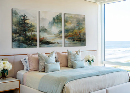 Misty Forest River Landscape Canvas Wall Art – Single & 3 Panel Split – AI PRINT LAB