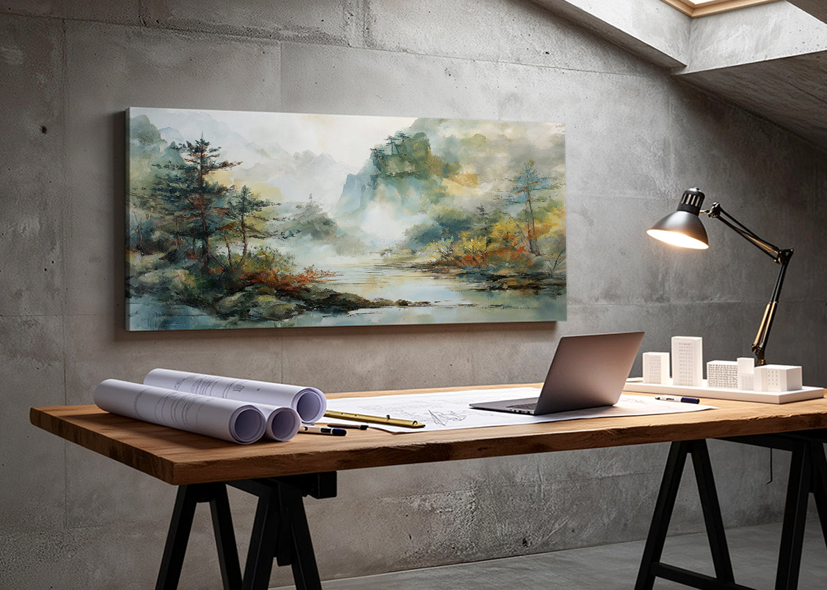 Misty Forest River Landscape Canvas Wall Art – Single & 3 Panel Split – AI PRINT LAB