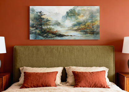 Misty Forest River Landscape Canvas Wall Art – Single & 3 Panel Split – AI PRINT LAB