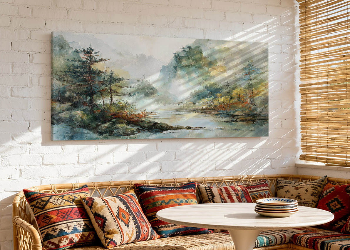 Misty Forest River Landscape Canvas Wall Art – Single & 3 Panel Split – AI PRINT LAB