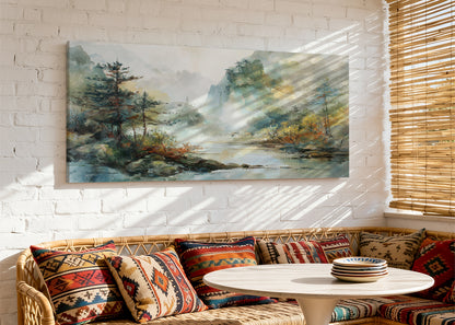 Misty Forest River Landscape Canvas Wall Art – Single & 3 Panel Split – AI PRINT LAB