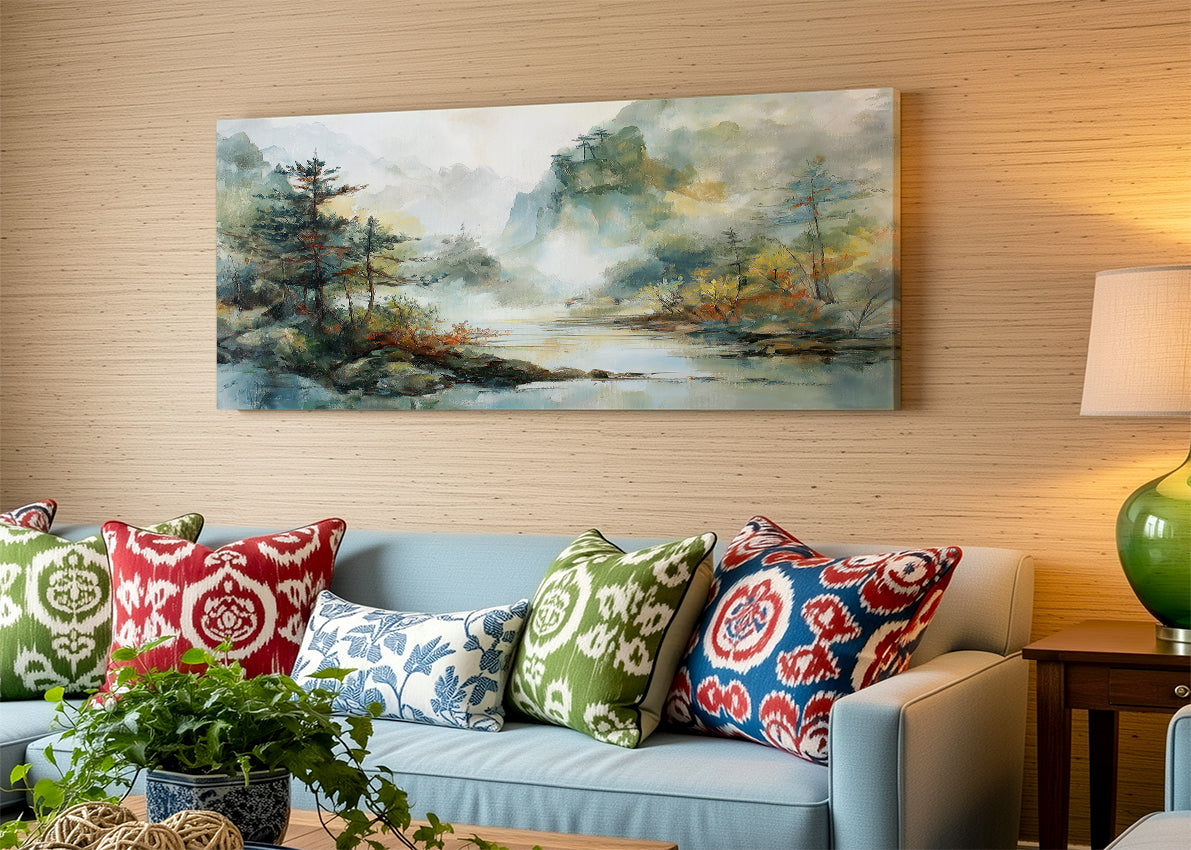 Misty Forest River Landscape Canvas Wall Art – Single & 3 Panel Split – AI PRINT LAB