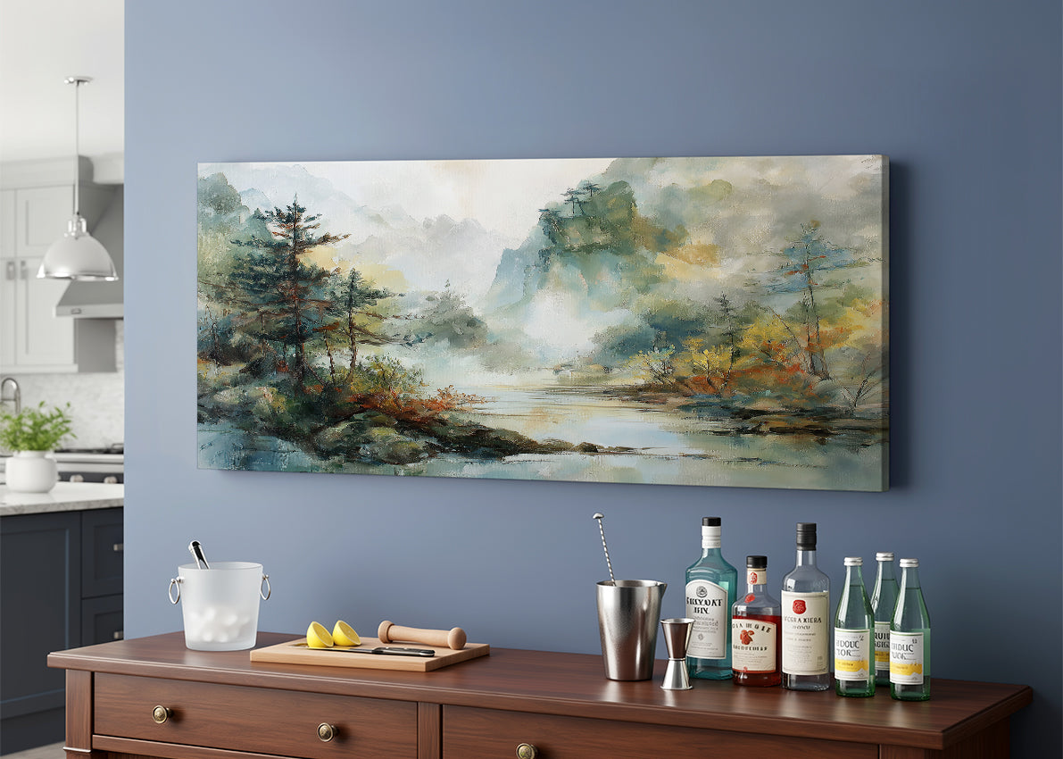 Misty Forest River Landscape Canvas Wall Art – Single & 3 Panel Split – AI PRINT LAB