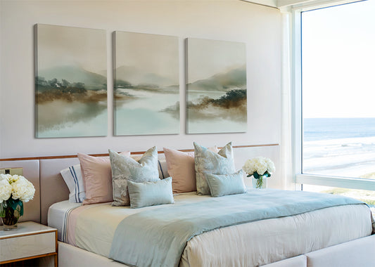 Misty Lake Mountain Landscape Canvas Wall Art – Single & 3 Panel Canvas – AI PRINT LAB