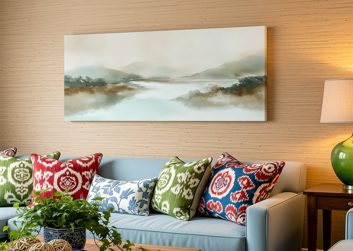 Misty Lake Mountain Landscape Canvas Wall Art – Single & 3 Panel Canvas – AI PRINT LAB