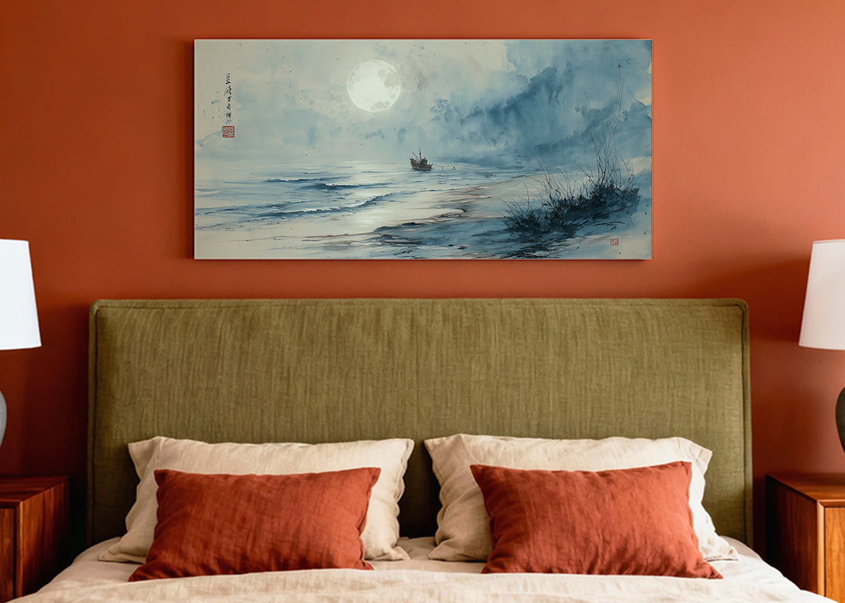 Misty Moonlit Shoreline Canvas Wall Art – Single & 3 Panel Split – AI PRINT LAB