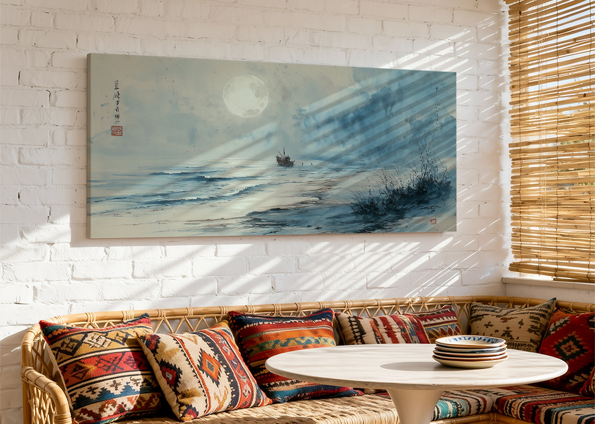 Misty Moonlit Shoreline Canvas Wall Art – Single & 3 Panel Split – AI PRINT LAB