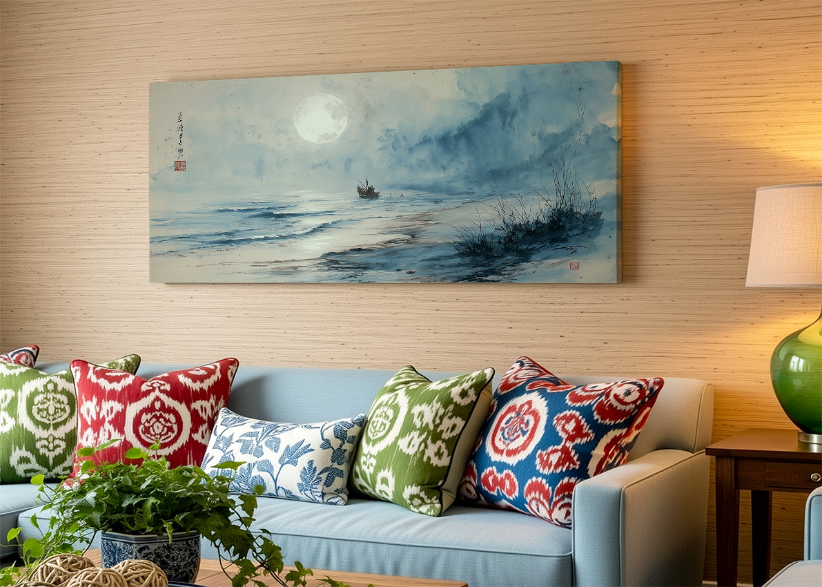 Misty Moonlit Shoreline Canvas Wall Art – Single & 3 Panel Split – AI PRINT LAB