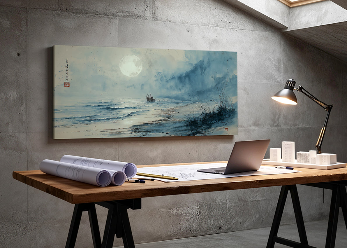 Misty Moonlit Shoreline Canvas Wall Art – Single & 3 Panel Split – AI PRINT LAB