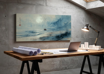 Misty Moonlit Shoreline Canvas Wall Art – Single & 3 Panel Split – AI PRINT LAB