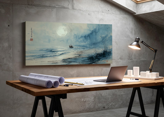 Misty Moonlit Shoreline Canvas Wall Art – Single & 3 Panel Split – AI PRINT LAB