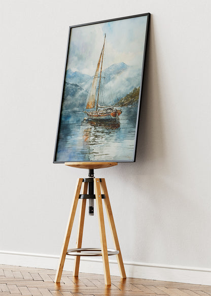 Misty Mountain Sailboat – Serene Nautical Watercolour Wall Art Poster & Canvas – AI PRINT LAB