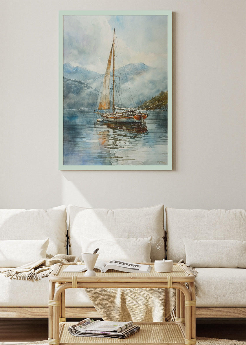 Misty Mountain Sailboat – Serene Nautical Watercolour Wall Art Poster & Canvas – AI PRINT LAB