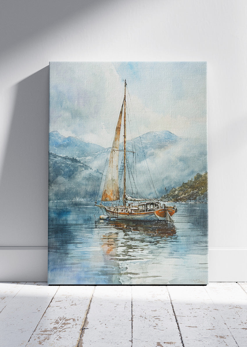 Misty Mountain Sailboat – Serene Nautical Watercolour Wall Art Poster & Canvas – AI PRINT LAB