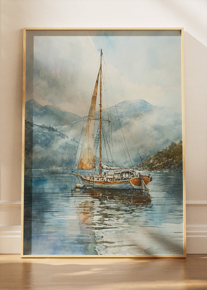 Misty Mountain Sailboat – Serene Nautical Watercolour Wall Art Poster & Canvas – AI PRINT LAB