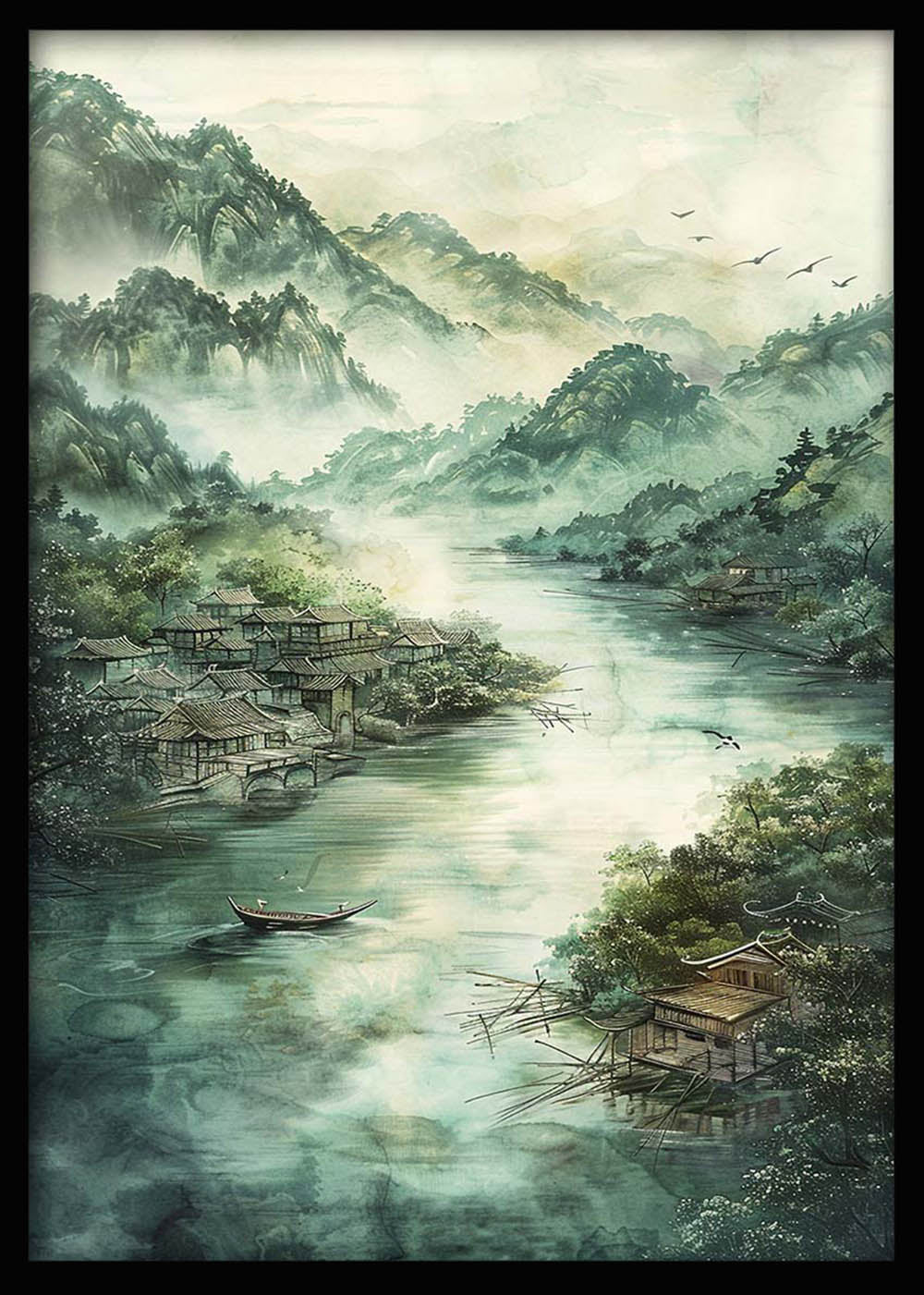 Misty Mountain Village – Traditional Asian Landscape Canvas & Poster Wall Art – T1257 – AiPrintLab