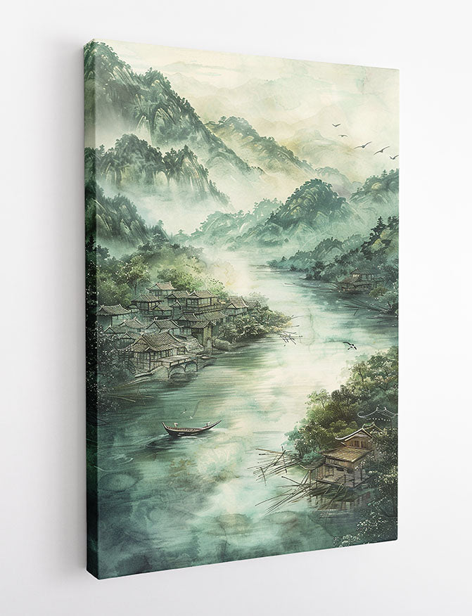 Misty Mountain Village – Traditional Asian Landscape Canvas & Poster Wall Art – T1257 – AiPrintLab