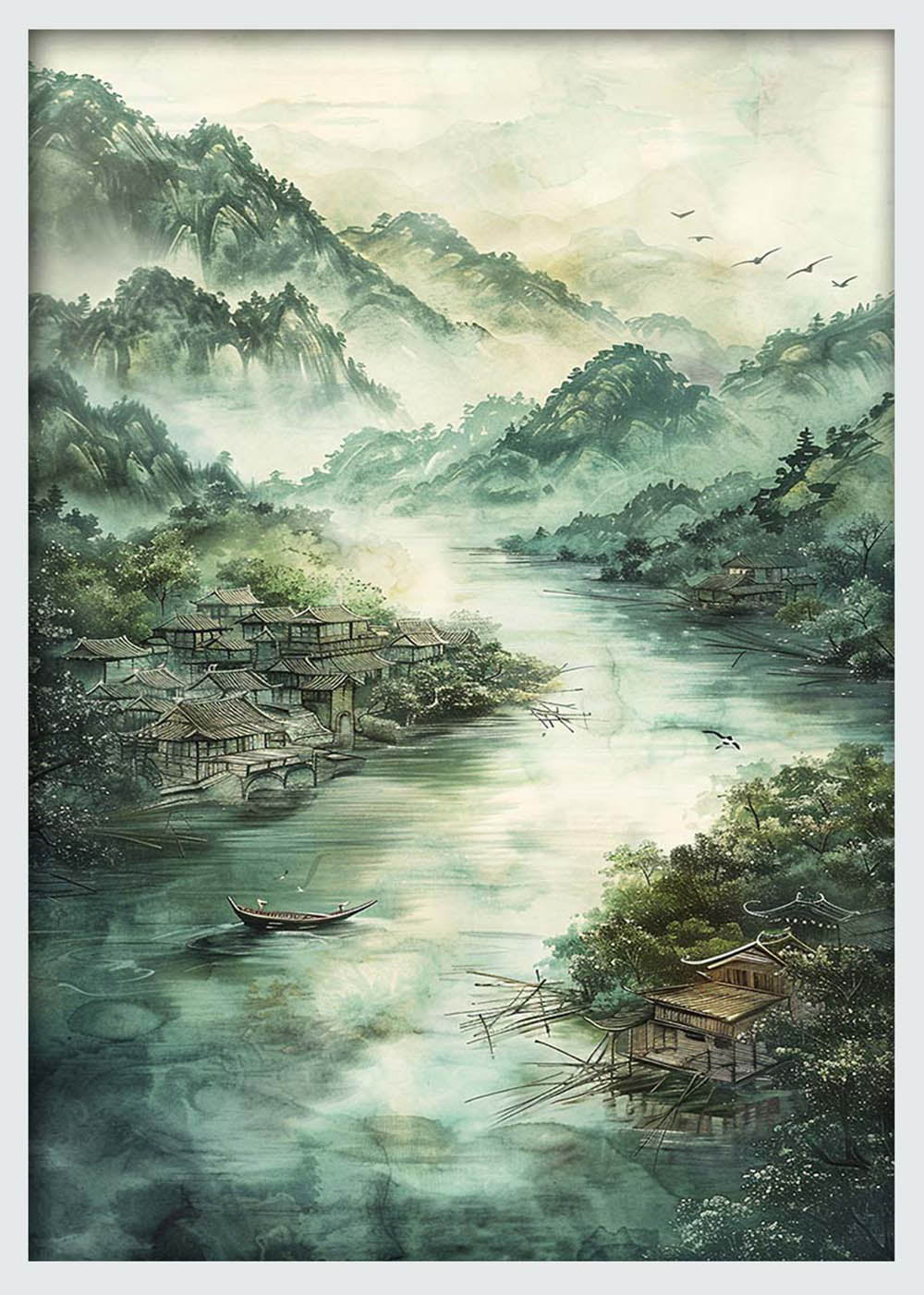 Misty Mountain Village – Traditional Asian Landscape Canvas & Poster Wall Art – T1257 – AiPrintLab
