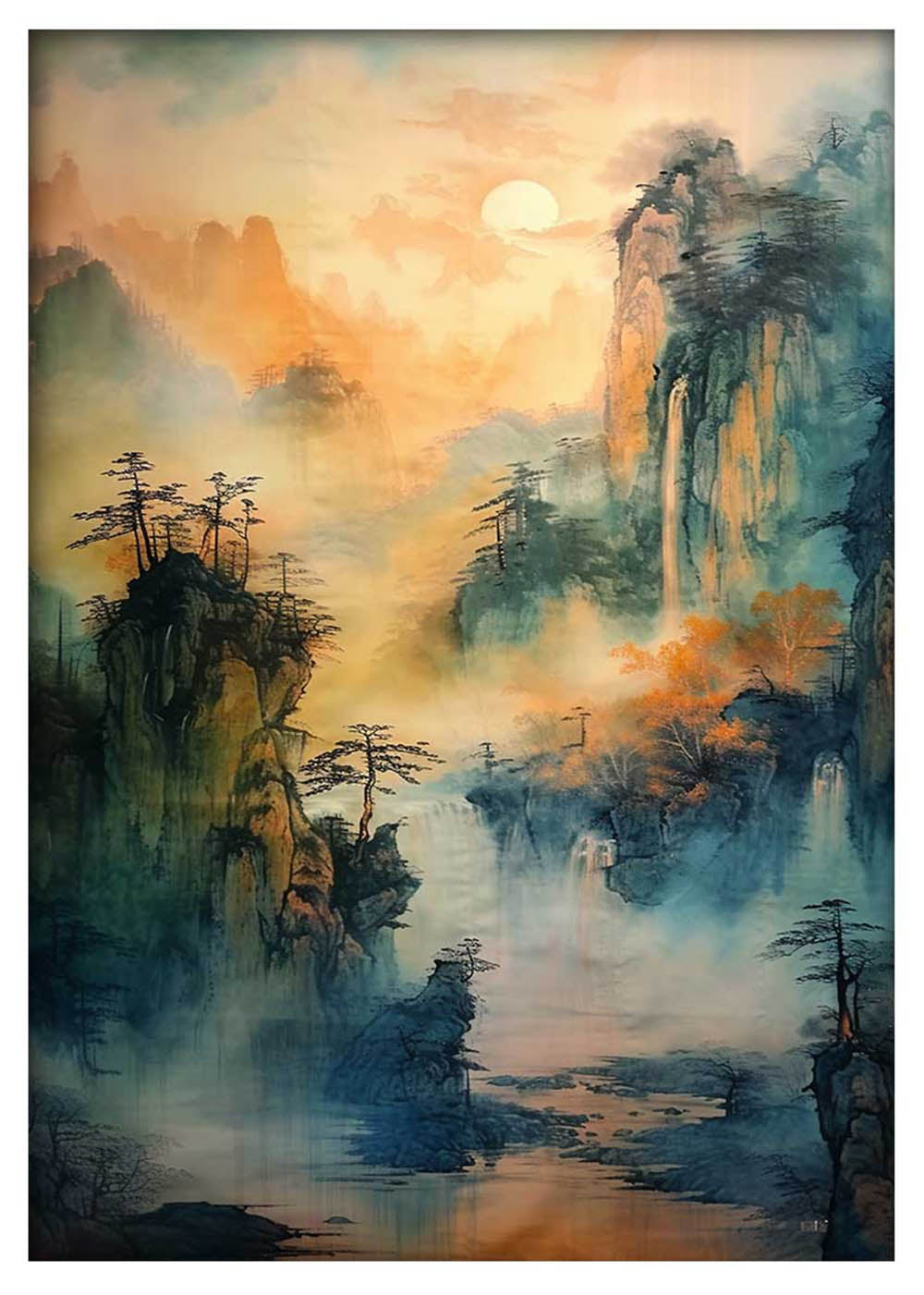 Misty Mountain Waterfall Landscape – Traditional Chinese Style Canvas & Poster Art – T925 – AiPrintLab
