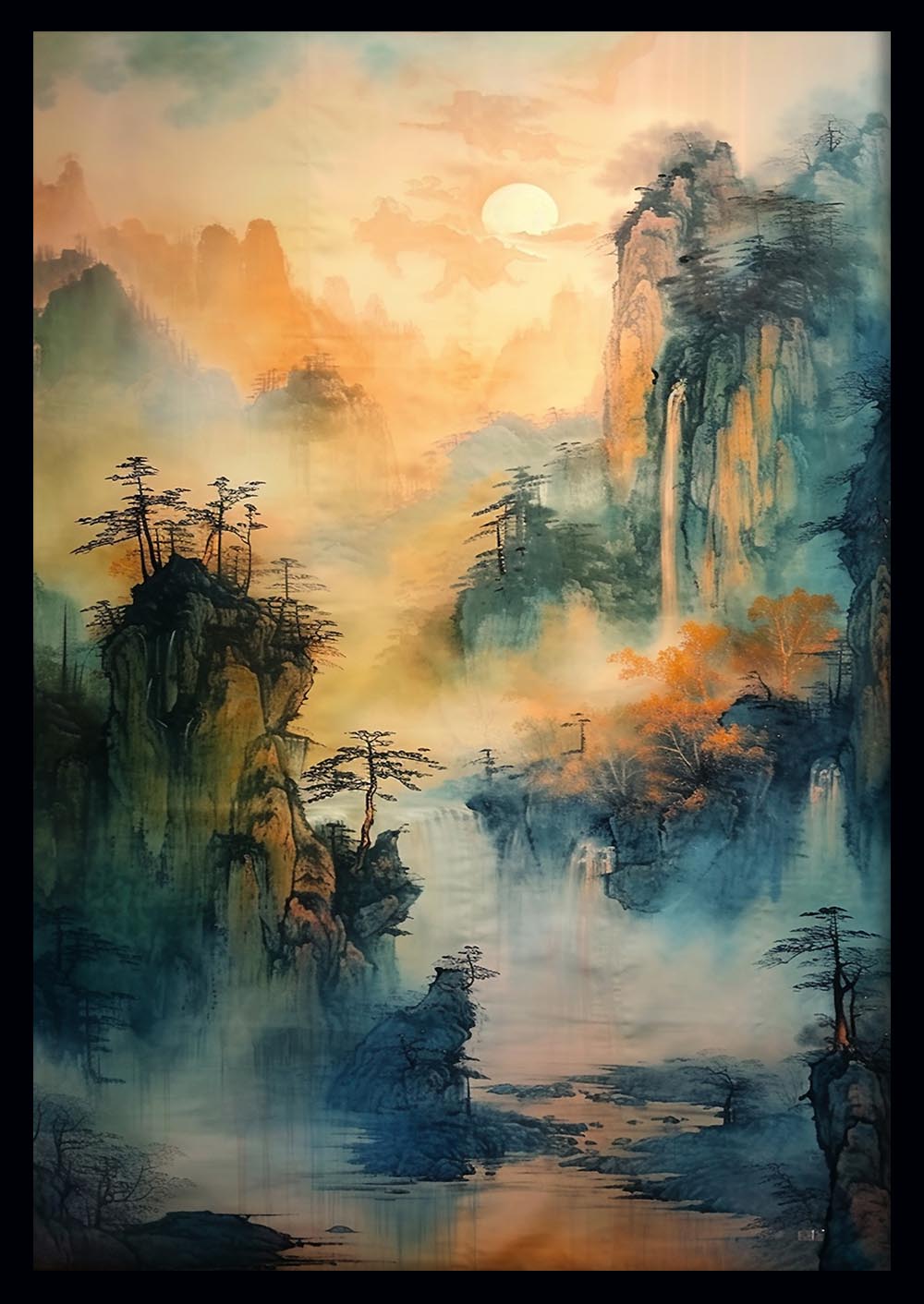 Misty Mountain Waterfall Landscape – Traditional Chinese Style Canvas & Poster Art – T925 – AiPrintLab