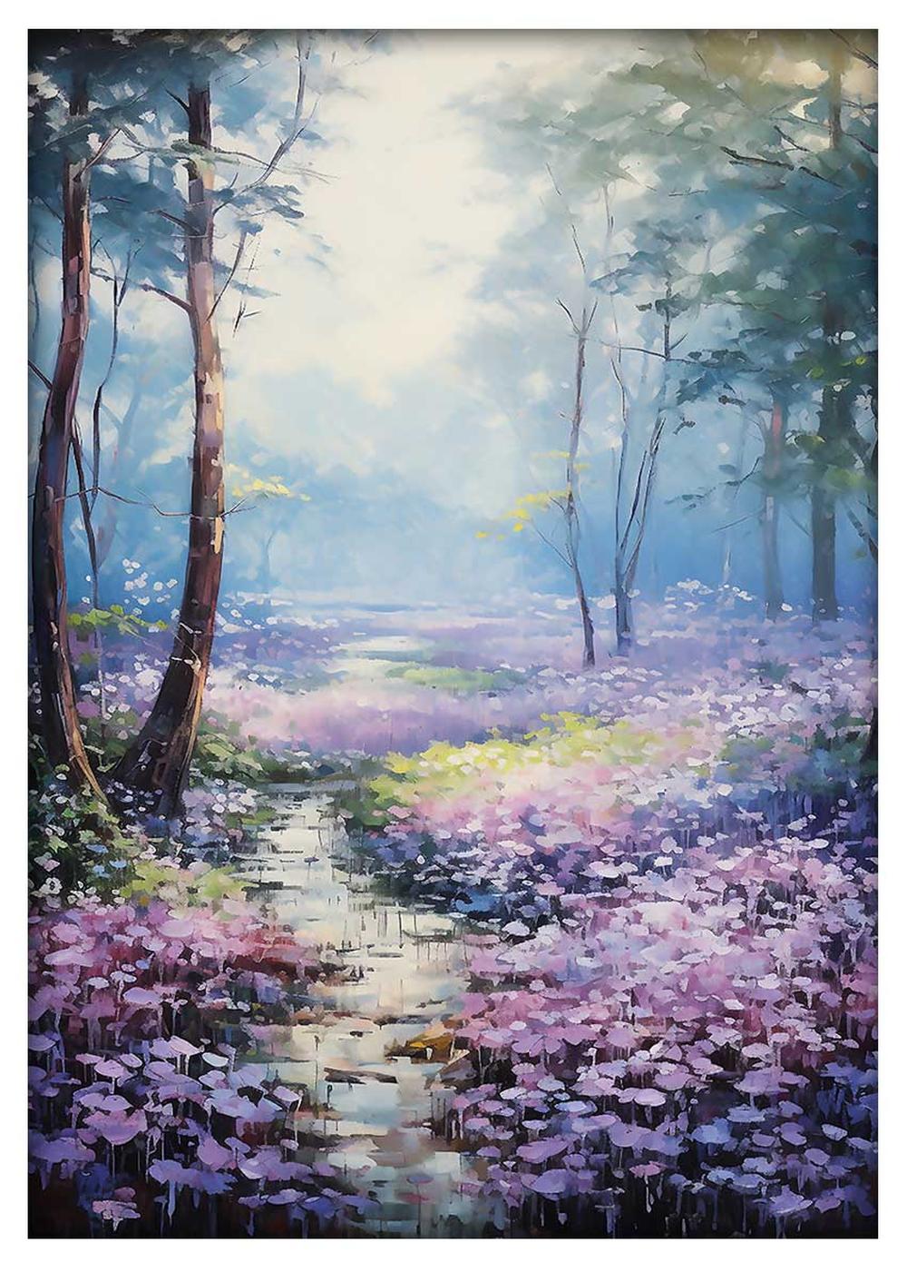 Misty Purple Flower Forest Path Canvas Art & Poster – T735 – AiPrintLab