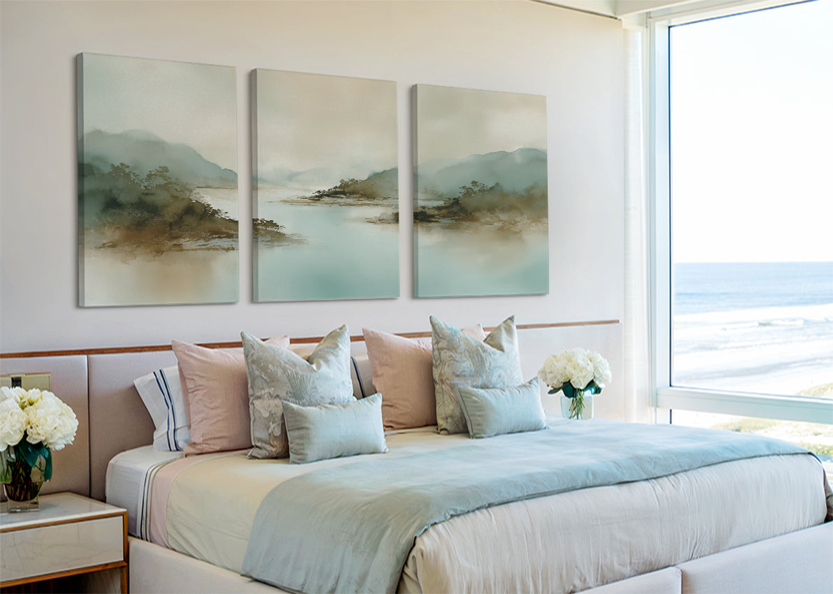 Misty River Valley Landscape Canvas Wall Art – Single & 3 Panel Canvas – AI PRINT LAB