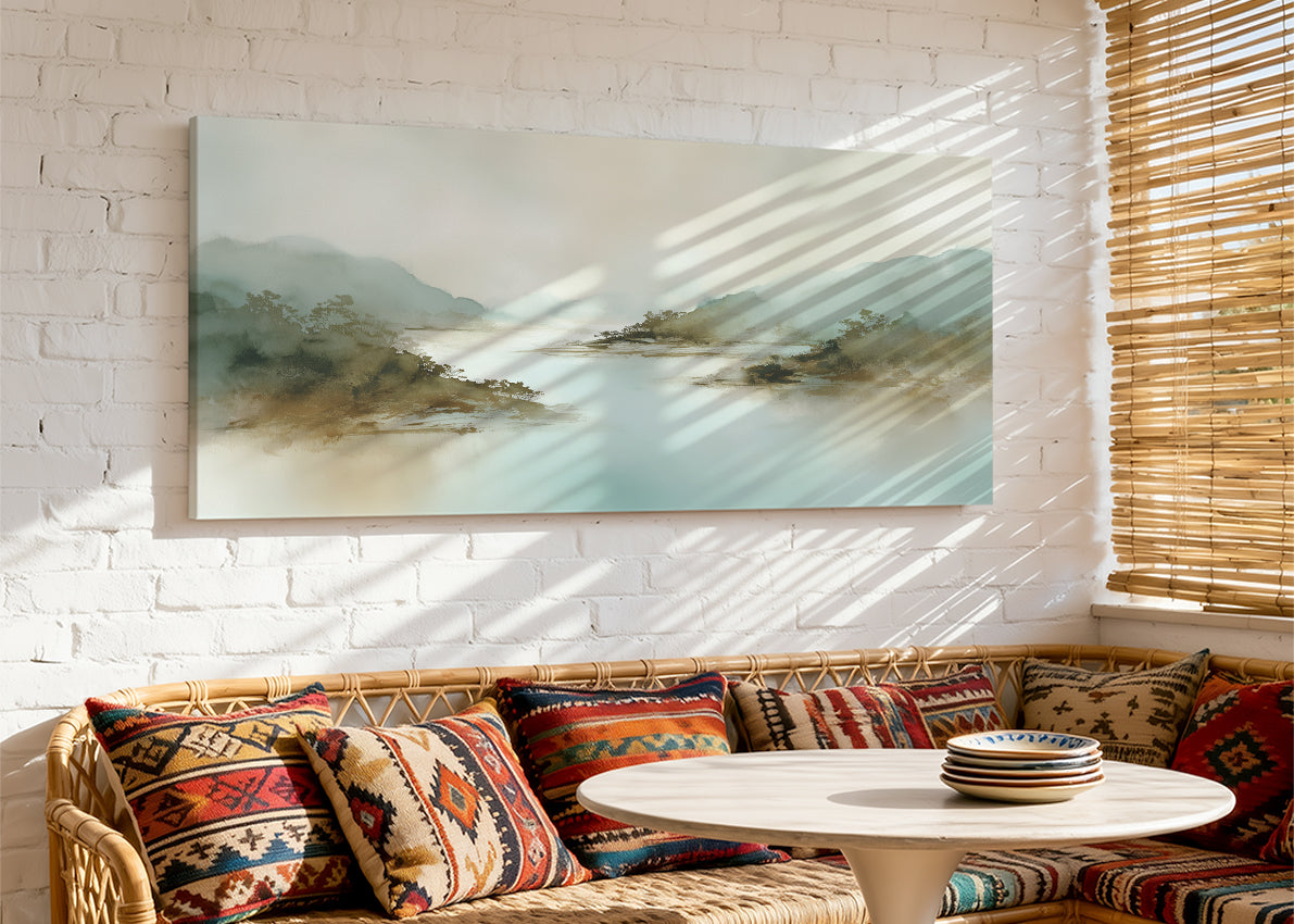 Misty River Valley Landscape Canvas Wall Art – Single & 3 Panel Canvas – AI PRINT LAB