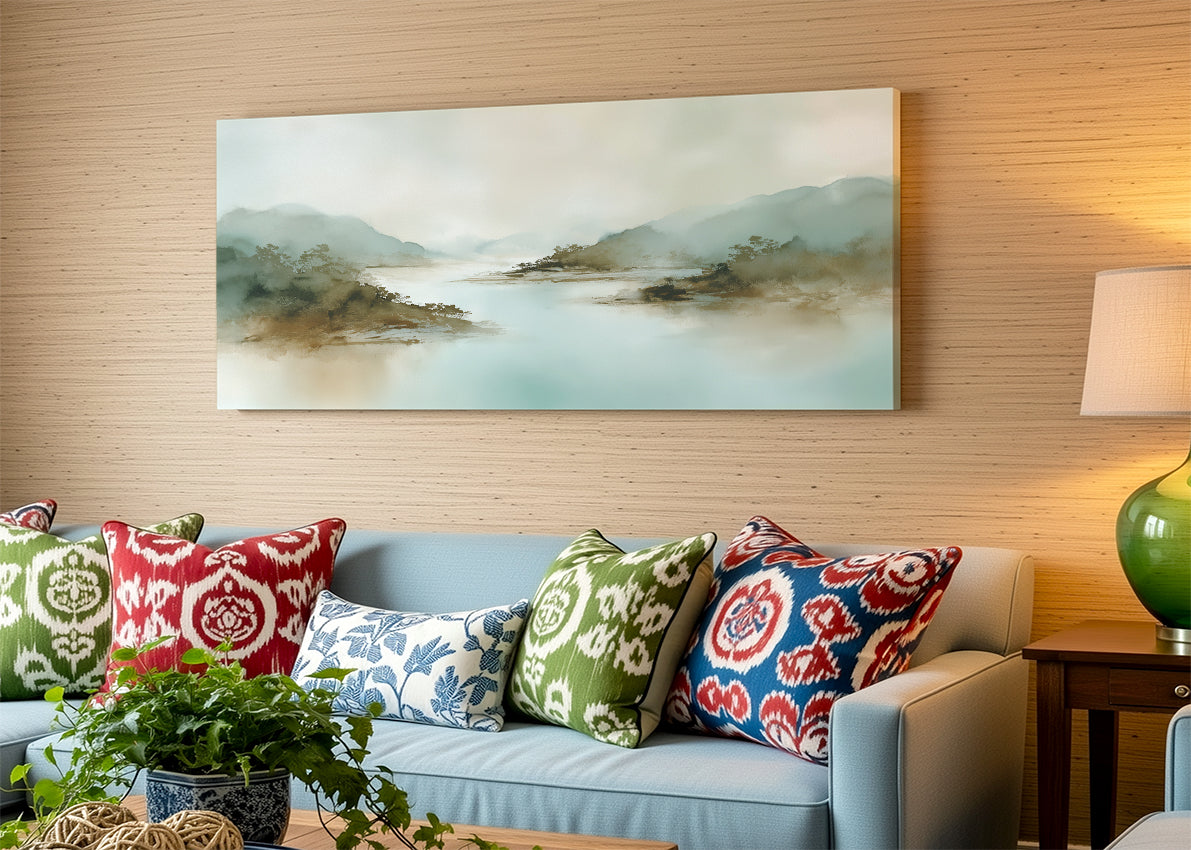 Misty River Valley Landscape Canvas Wall Art – Single & 3 Panel Canvas – AI PRINT LAB