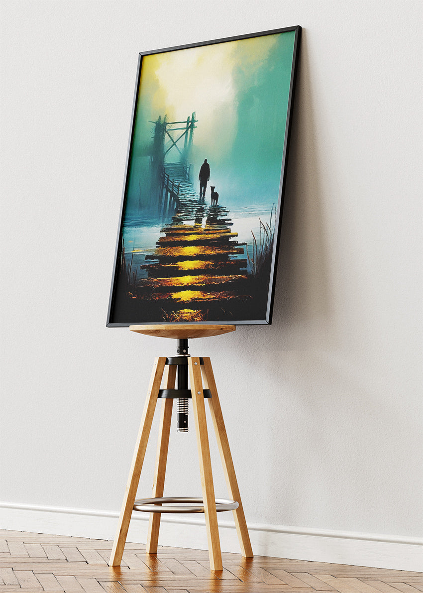 Misty Wooden Pier at Sunrise with Man and Dog – Atmospheric Landscape Wall Art Poster & Canvas – AI PRINT LAB