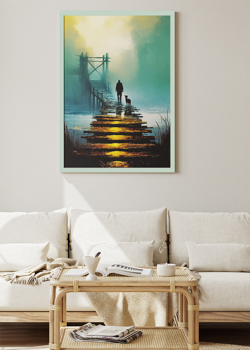 Misty Wooden Pier at Sunrise with Man and Dog – Atmospheric Landscape Wall Art Poster & Canvas – AI PRINT LAB