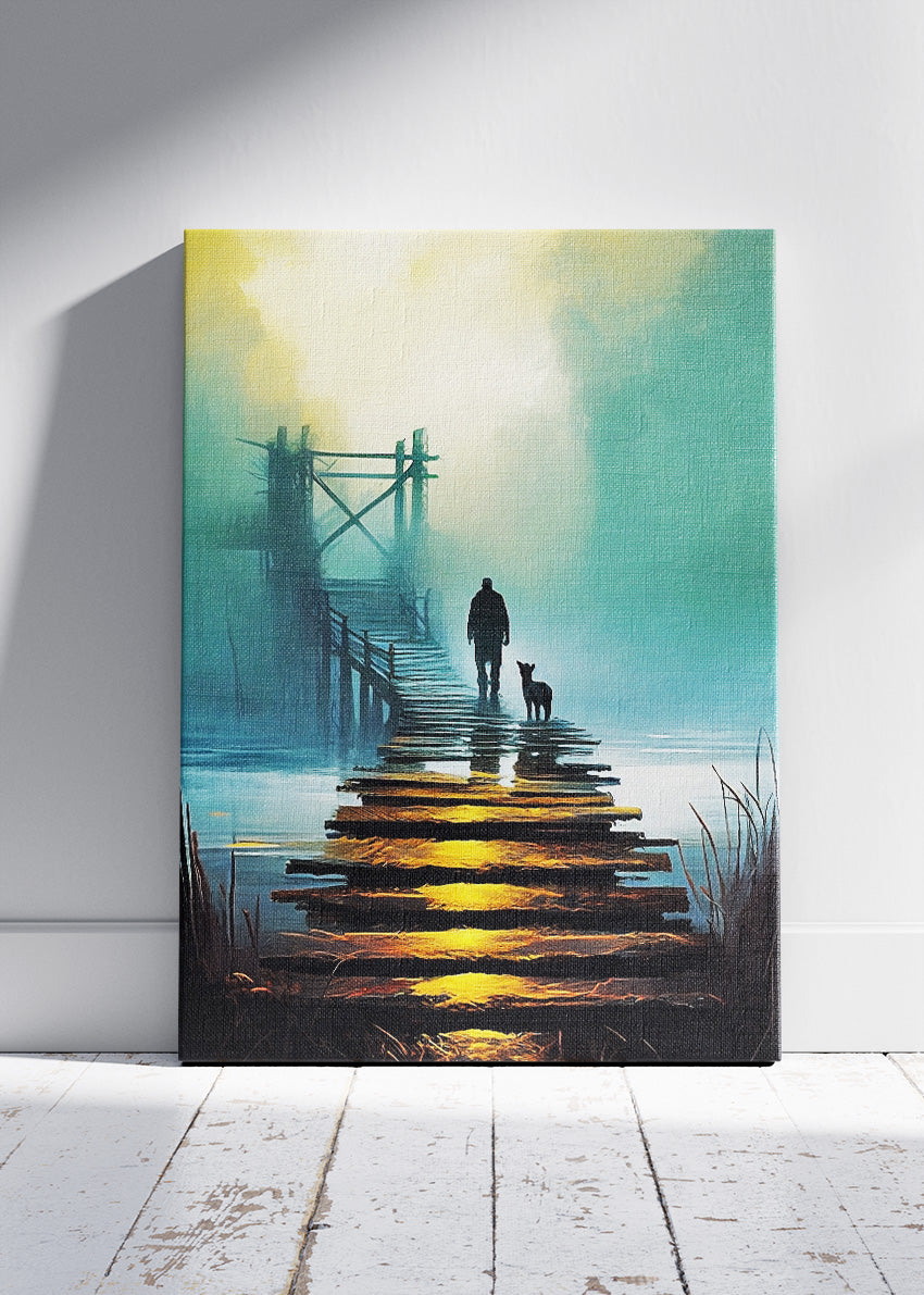 Misty Wooden Pier at Sunrise with Man and Dog – Atmospheric Landscape Wall Art Poster & Canvas – AI PRINT LAB