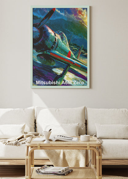 Mitsubishi A6M Zero Poster & Canvas Print – Illustrated WWII Fighter Aircraft Wall Art