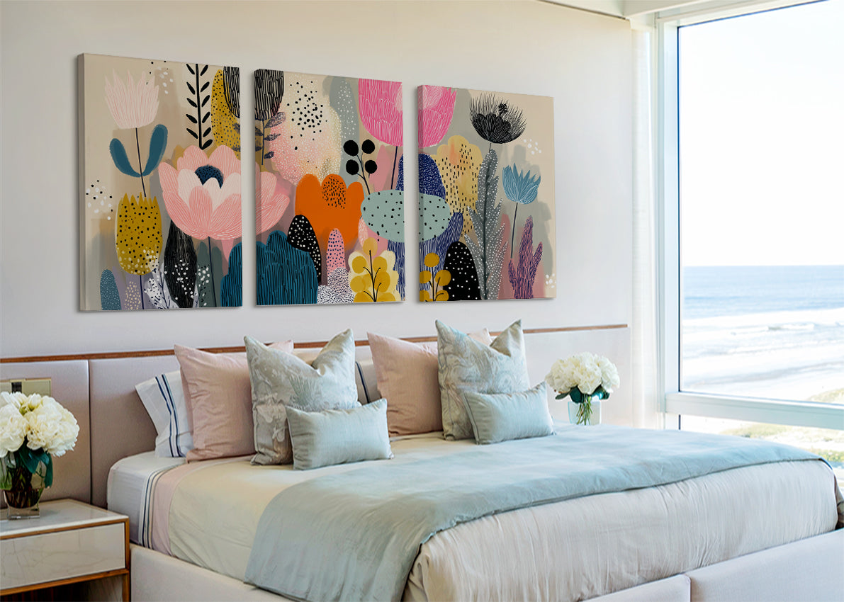 Modern Abstract Floral Garden Canvas Wall Art – Single & 3 Panel Canvas