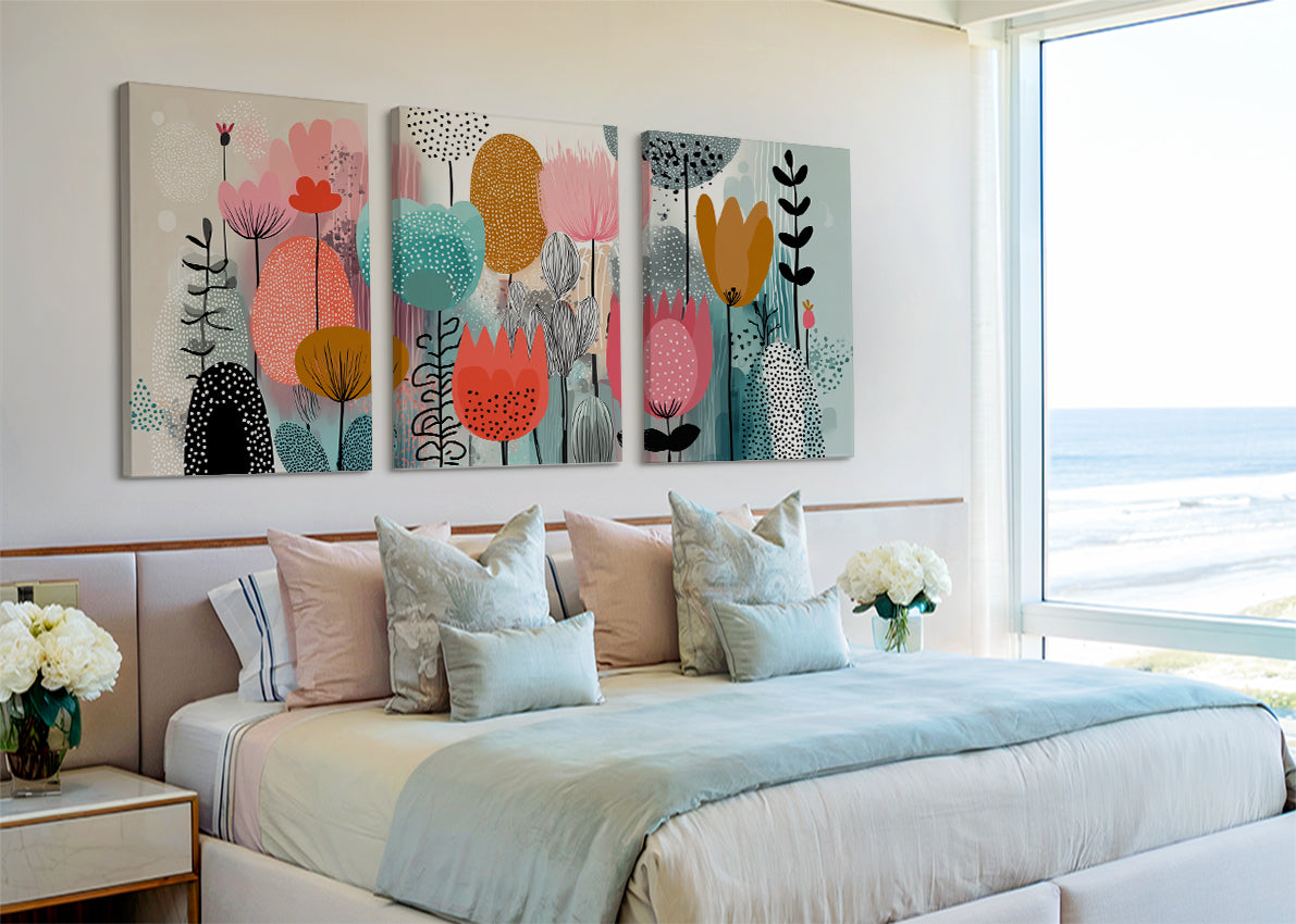 Modern Colourful Abstract Floral Canvas Wall Art – Single & 3 Panel Canvas
