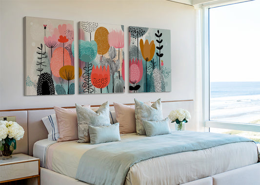 Modern Colourful Abstract Floral Canvas Wall Art – Single & 3 Panel Canvas