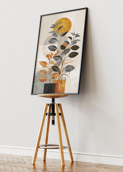 Modern Geometric Botanical Wall Art – Neutral & Mustard Leaf Canvas Print | Minimalist Abstract Portrait Poster