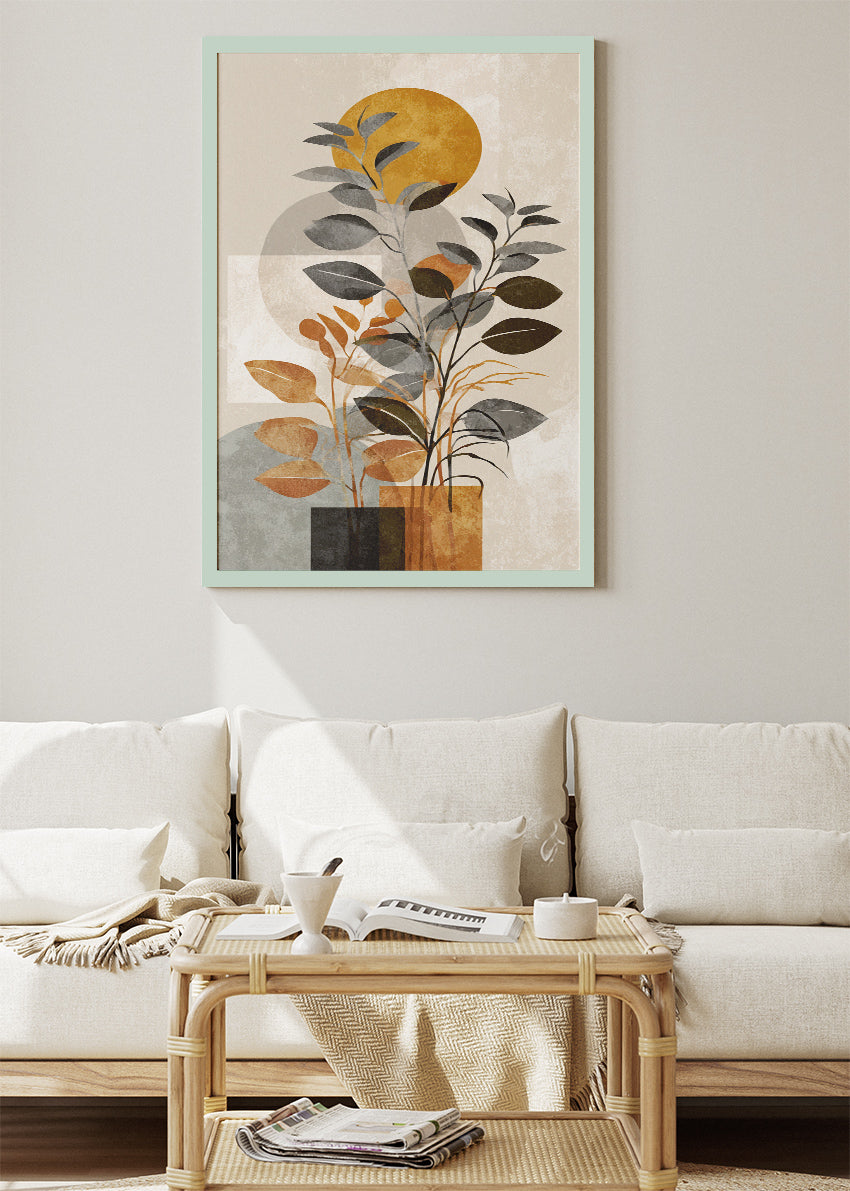 Modern Geometric Botanical Wall Art – Neutral & Mustard Leaf Canvas Print | Minimalist Abstract Portrait Poster