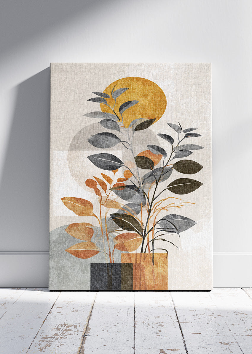 Modern Geometric Botanical Wall Art – Neutral & Mustard Leaf Canvas Print | Minimalist Abstract Portrait Poster