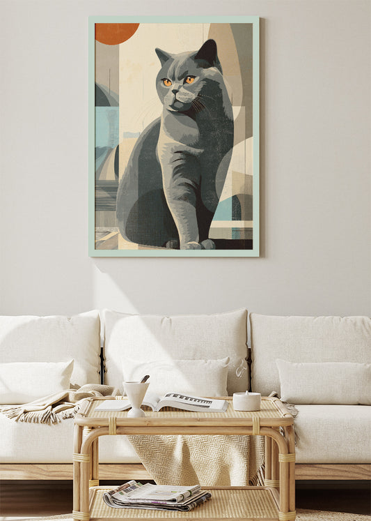 Modern Grey Cat Abstract Wall Art Poster & Canvas Print – Minimalist Feline Illustration