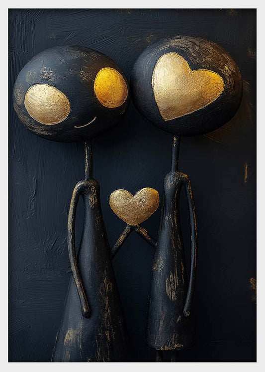 Modern Love Couple Art Print, Minimalist Gold Heart Wall Poster, Romantic Abstract Canvas – T1378 – AIPrintLab
