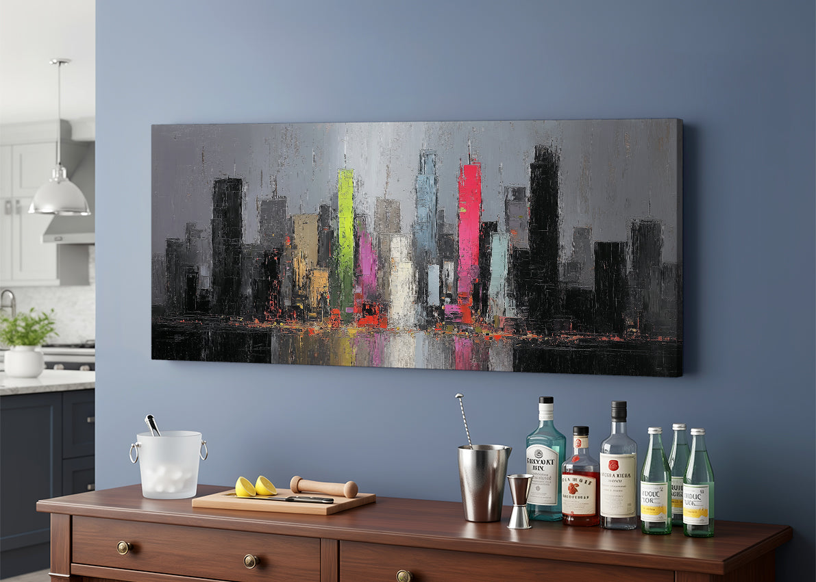 Modern Neon City Skyline Canvas Wall Art – Abstract Urban Night Single & 3 Panel Canvas