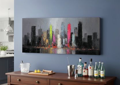 Modern Neon City Skyline Canvas Wall Art – Abstract Urban Night Single & 3 Panel Canvas