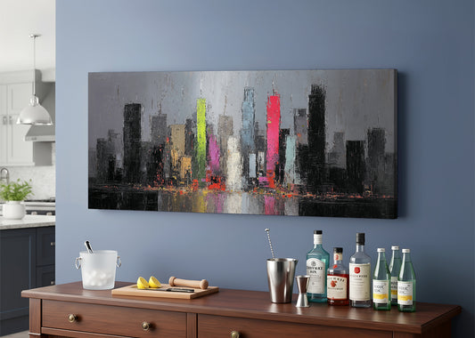 Modern Neon City Skyline Canvas Wall Art – Abstract Urban Night Single & 3 Panel Canvas