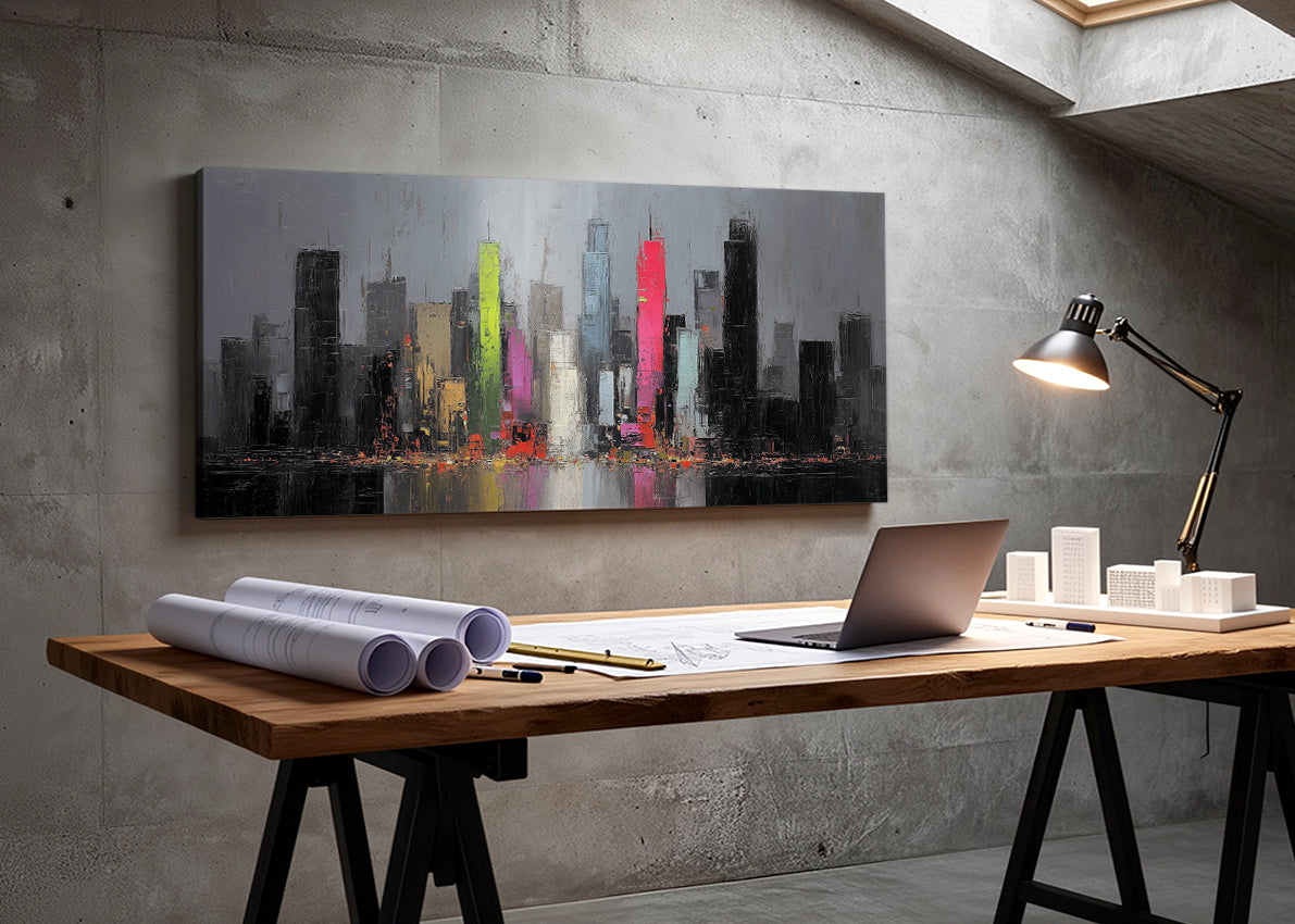 Modern Neon City Skyline Canvas Wall Art – Abstract Urban Night Single & 3 Panel Canvas