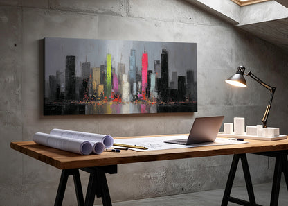Modern Neon City Skyline Canvas Wall Art – Abstract Urban Night Single & 3 Panel Canvas