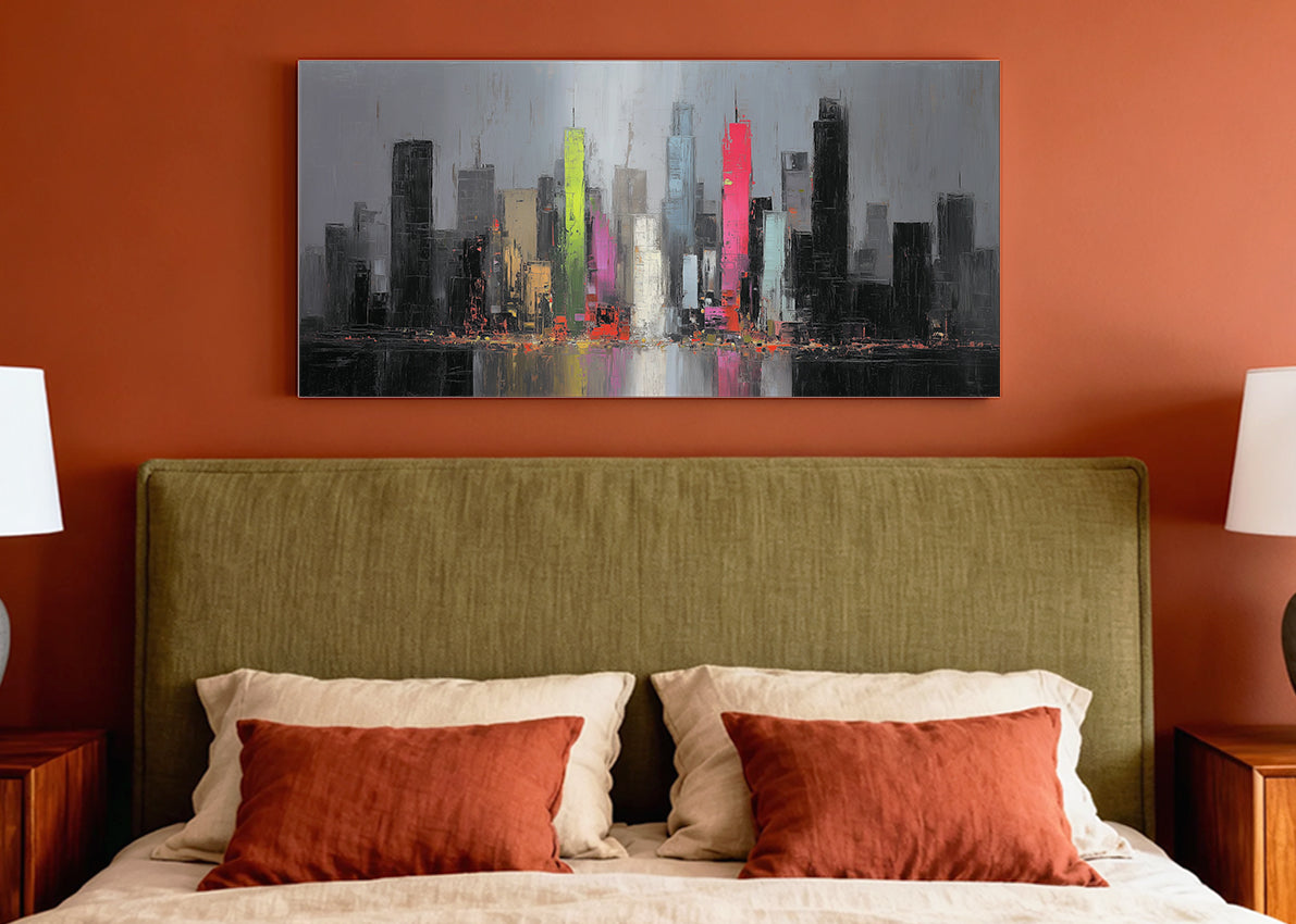 Modern Neon City Skyline Canvas Wall Art – Abstract Urban Night Single & 3 Panel Canvas