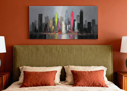 Modern Neon City Skyline Canvas Wall Art – Abstract Urban Night Single & 3 Panel Canvas