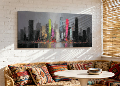 Modern Neon City Skyline Canvas Wall Art – Abstract Urban Night Single & 3 Panel Canvas