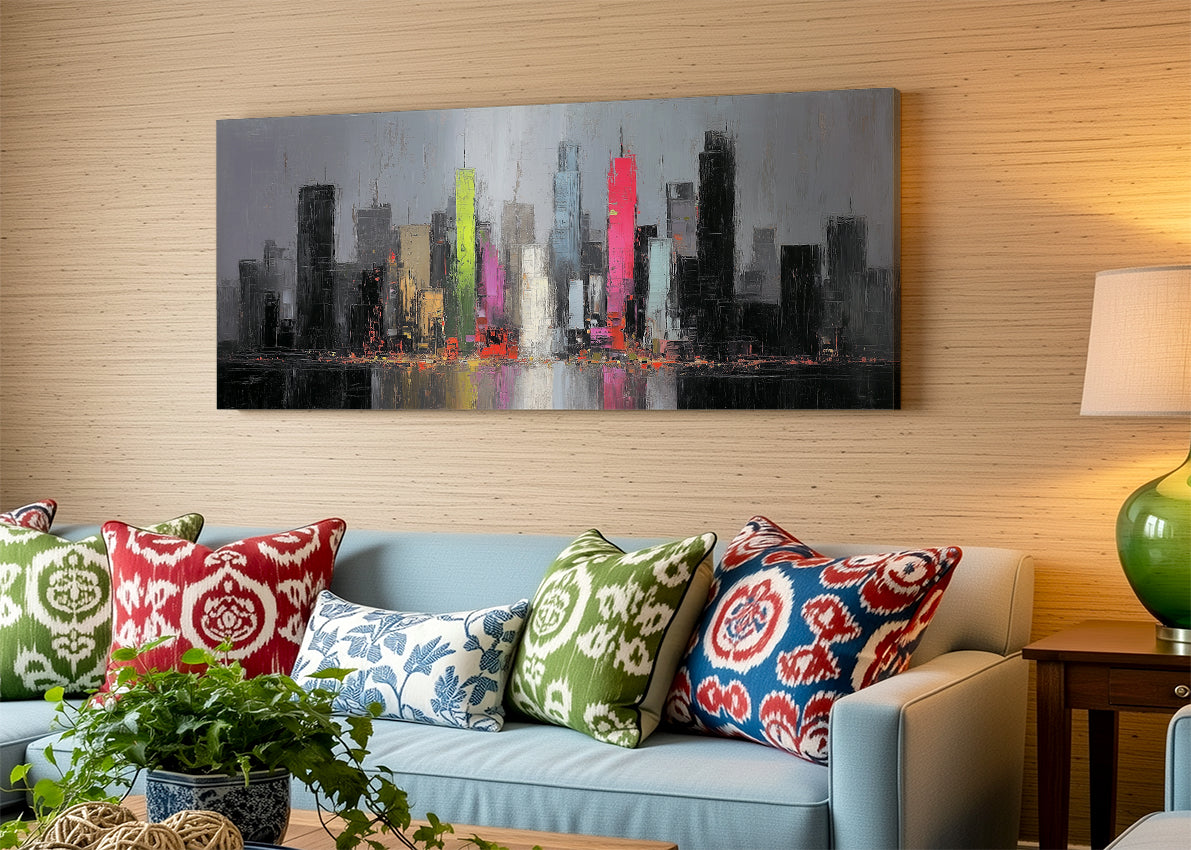 Modern Neon City Skyline Canvas Wall Art – Abstract Urban Night Single & 3 Panel Canvas