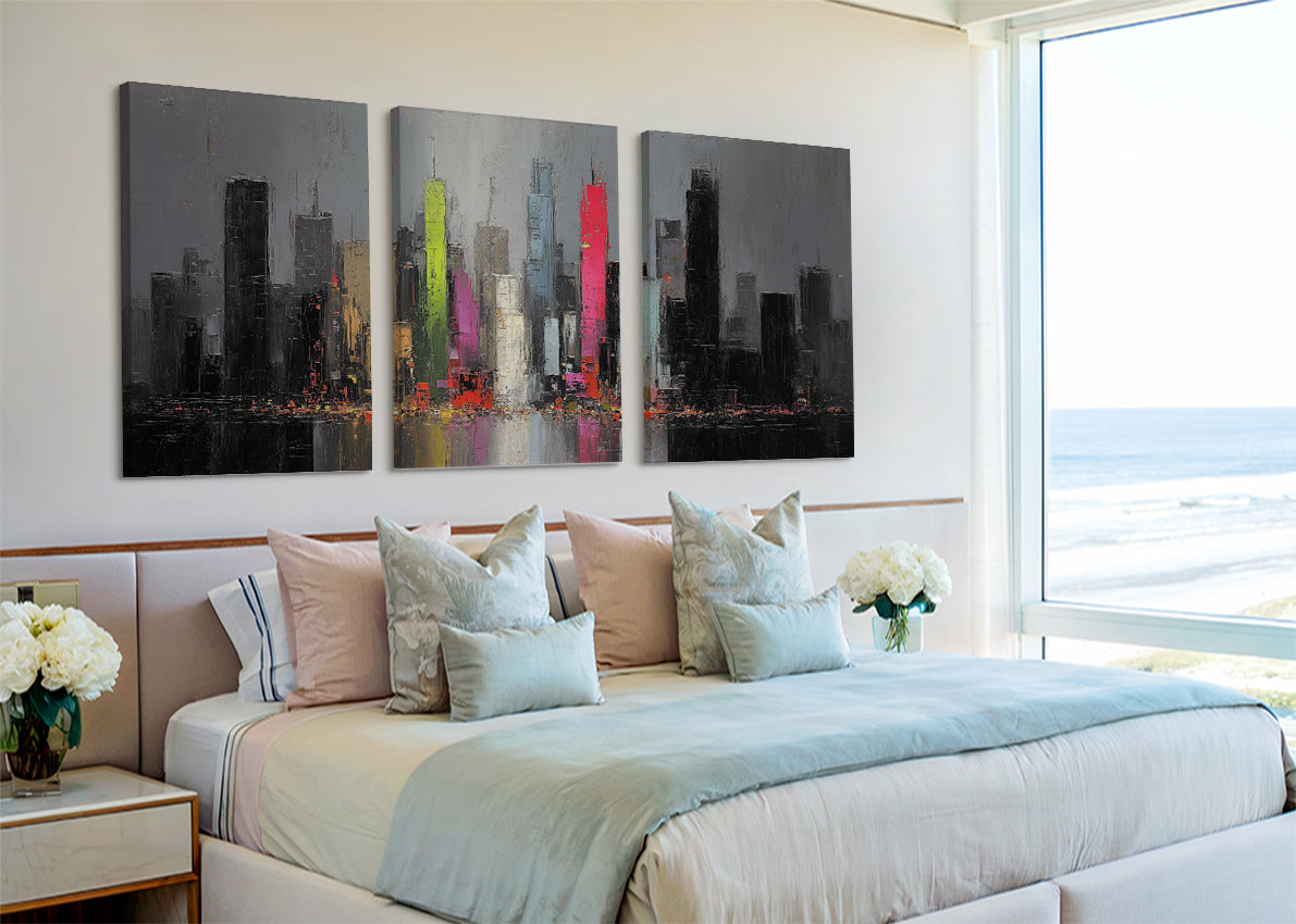 Modern Neon City Skyline Canvas Wall Art – Abstract Urban Night Single & 3 Panel Canvas